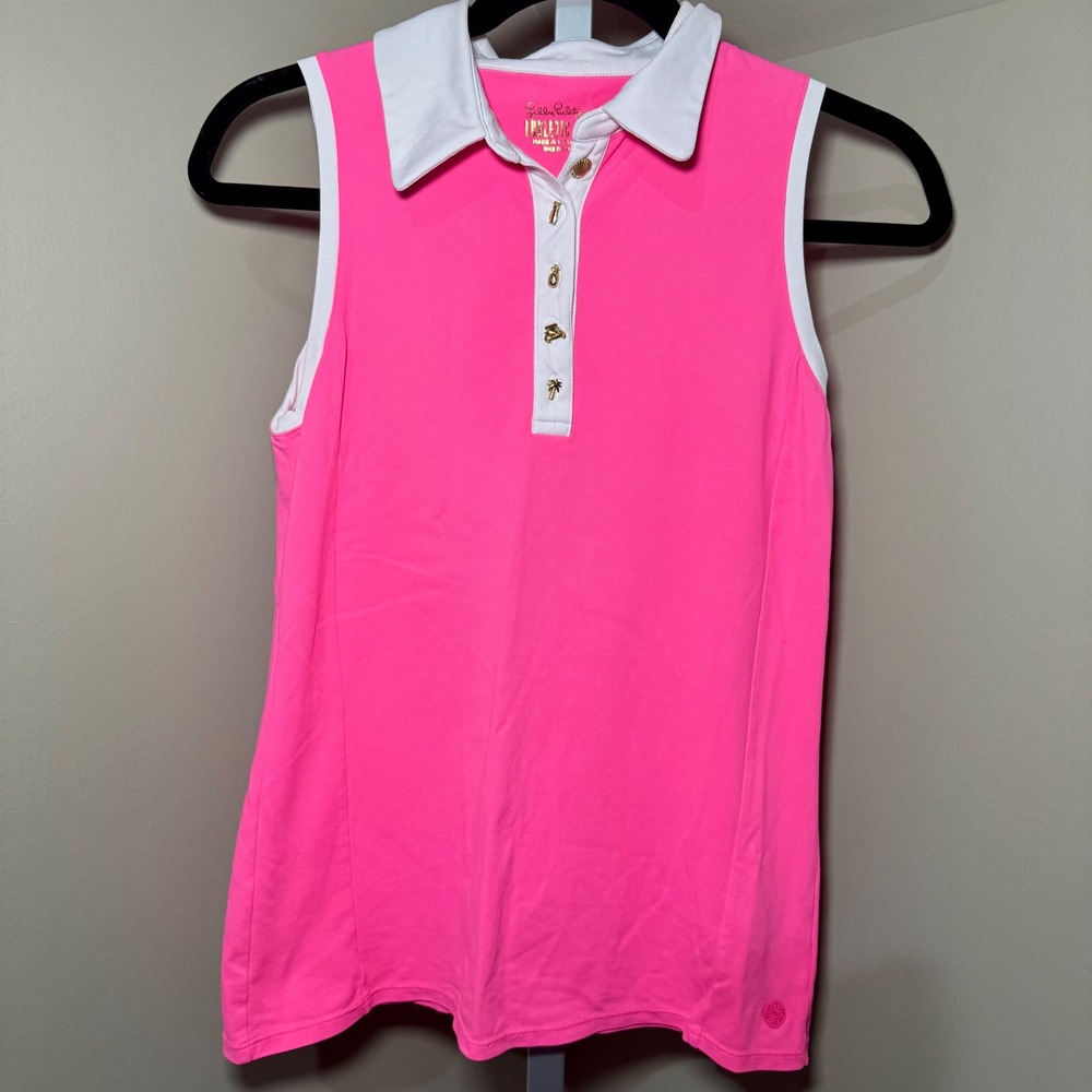 Lilly Pulitzer Luxletic Pink Sleeveless Polo Golf Top Gold Novelty Buttons XS